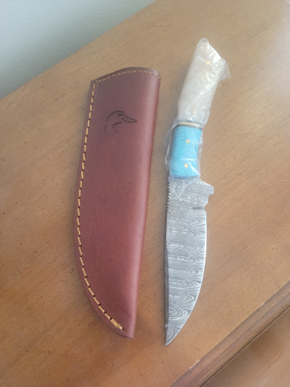 Ducks Unlimited Handmade Damascus Steel Hunting Knife with Turquoise Handle